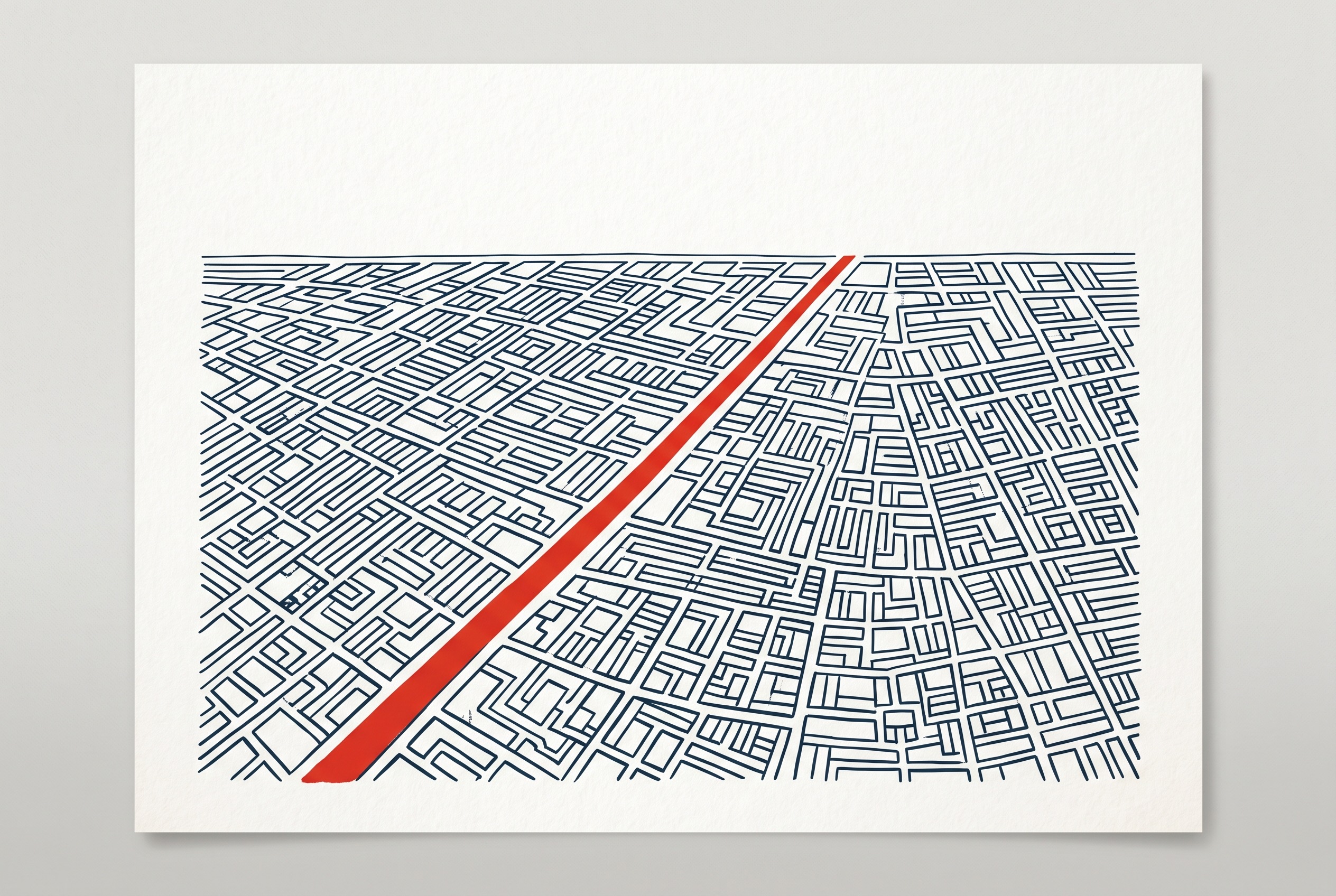 A red path cutting through a dense maze toward open space