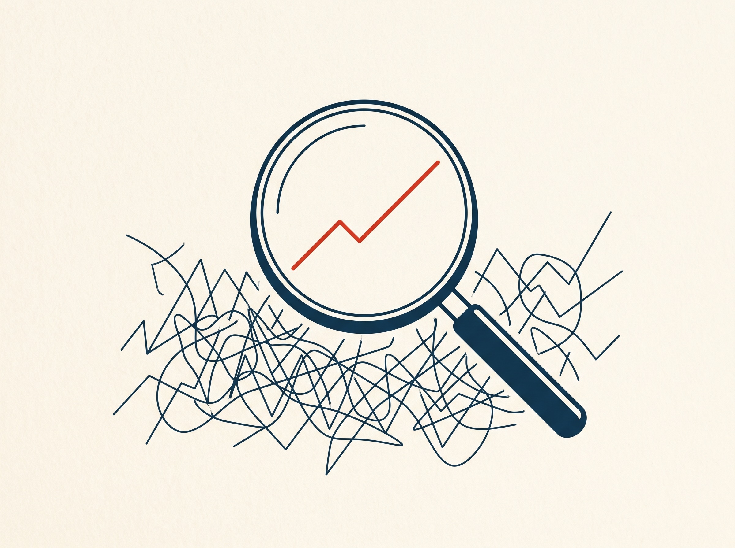 A magnifying lens resolving tangled chart lines into one clear ascending line