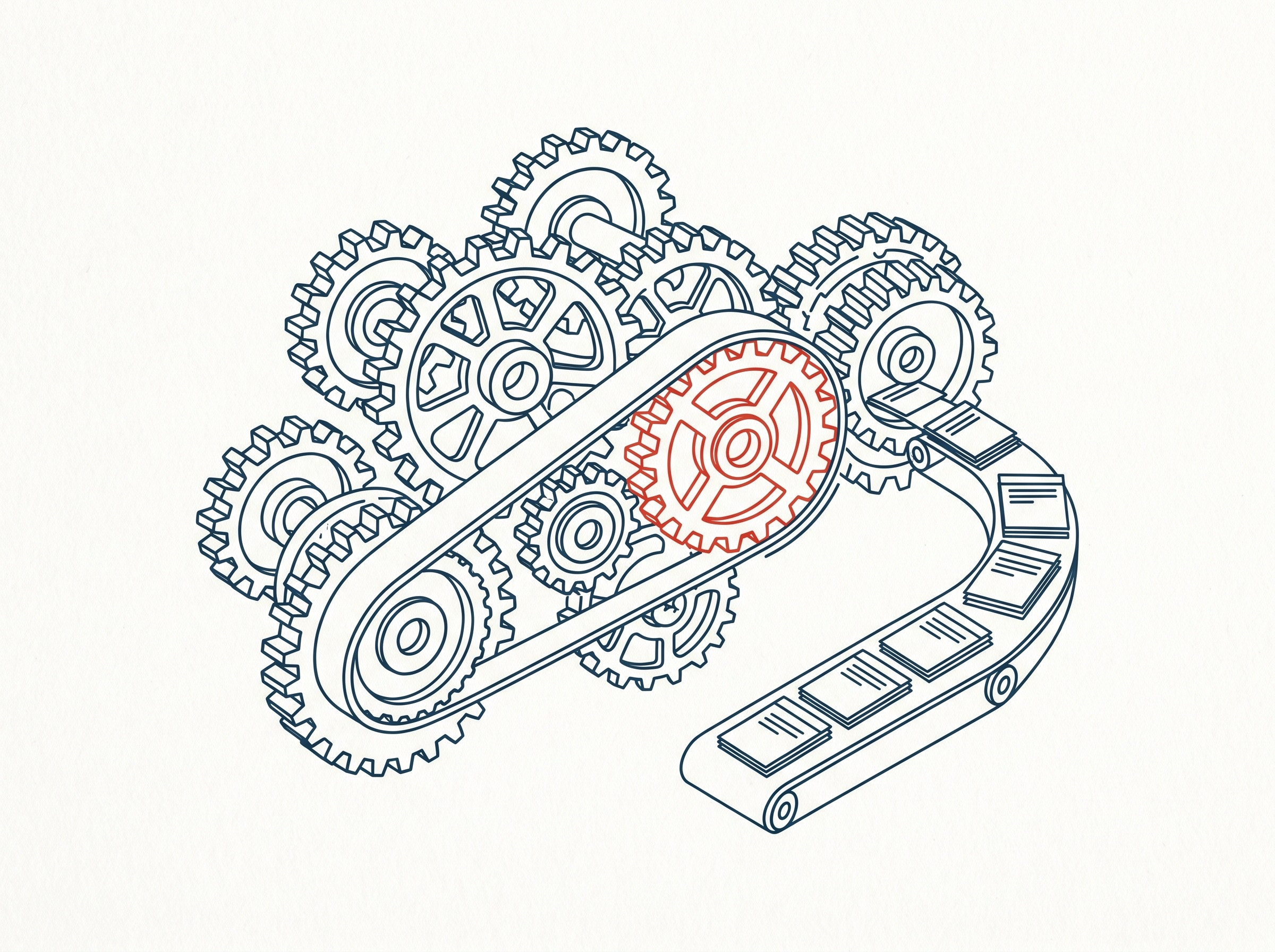 Interlocking gears driving a smooth conveyor of workflow cards, one gear red